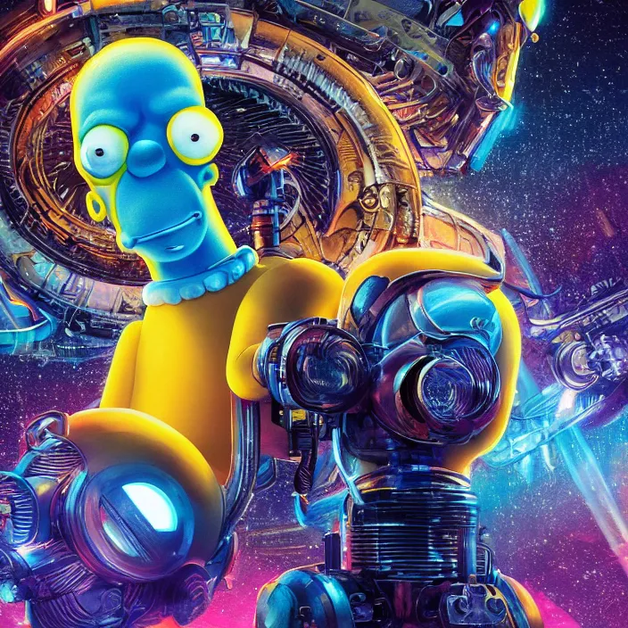 Image similar to portrait art of 8k ultra realistic retro futuristic Homer Simpson, lens flare, atmosphere, glow, detailed,intricate,blade runner, cybernetic, full of colour, cinematic lighting, trending on artstation, 4k, hyperrealistic, focused, extreme details, unreal engine 5, cinematic, masterpiece, art by ayami kojima, giger