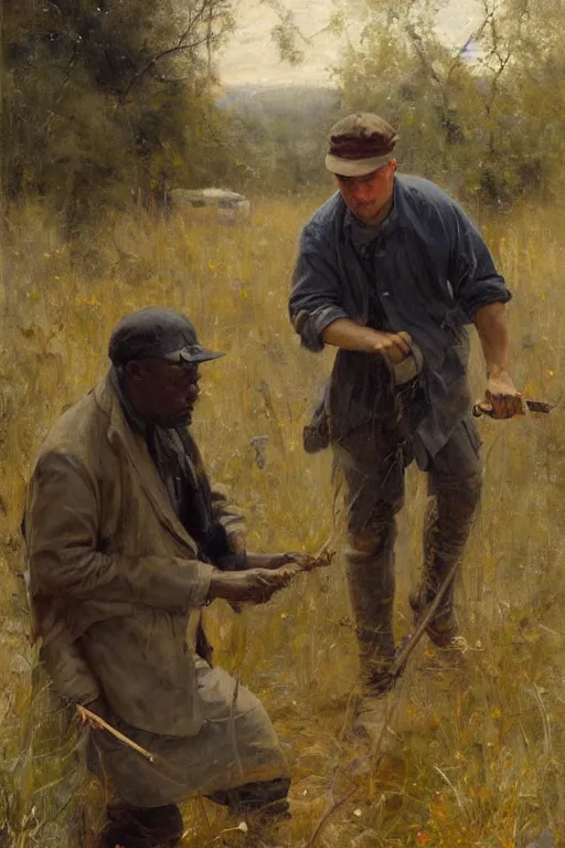 Image similar to Solomon Joseph Solomon and Richard Schmid and Jeremy Lipking painting full length portrait painting of a young man going to work in the field