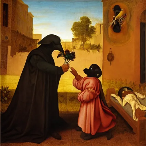 Prompt: a plague doctor giving a flower to a sick child, renaissance painting, golden ratio, morning light, 8k