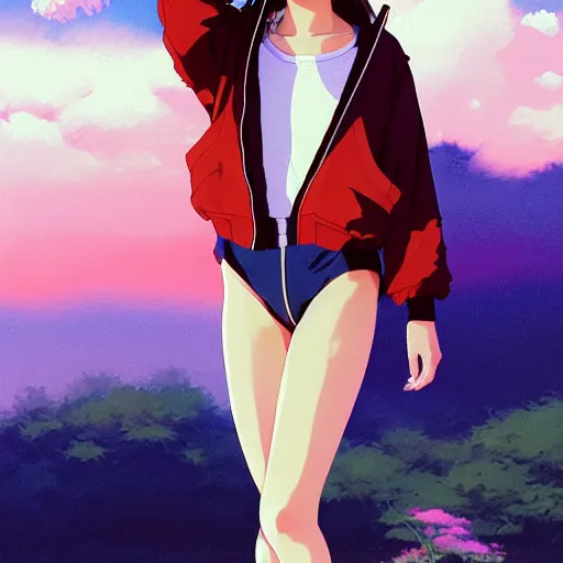 Image similar to a beautiful japanese natalie portman gravure model, wearing oversized native designer bomber jacket and leotard with overalls, bulky poofy bomber jacket with mesoamerican patterns, mesoamerican native street fashion, gapmoe yandere grimdark, trending on pixiv fanbox, painted by greg rutkowski makoto shinkai takashi takeuchi studio ghibli, akihiko yoshida