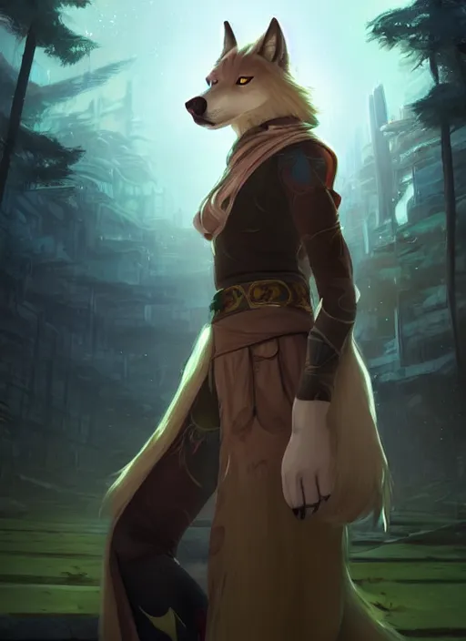 Image similar to beautiful portrait of a female anthro wolf fursona wearing jedi robes in a forest cyberpunk city. character design by charlie bowater, ross tran, artgerm, and makoto shinkai, detailed, soft lighting, rendered in octane