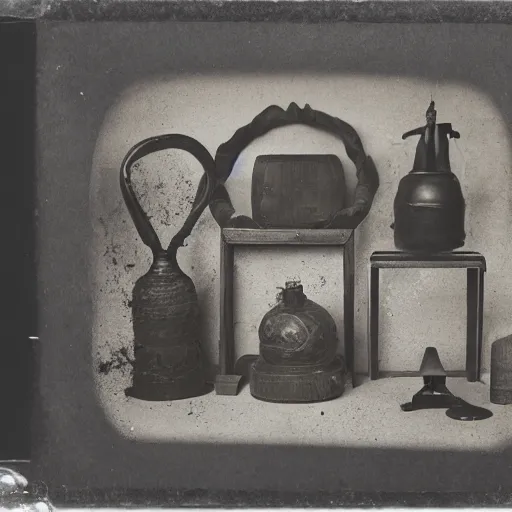 Image similar to Tintype photograph of primitive objects displayed in an ethnographic museum, archive material, anthropology, 1920s studio lighting.