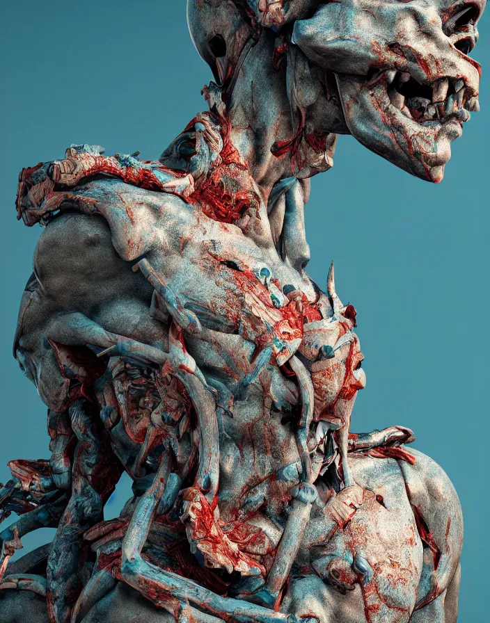 Prompt: positing on rock Apollon sculpture with many biomechanical elenents, full lenght view. white plastic, skull, muscles, tumors, veins. halo. octane rendering, cinematic, hyperrealism, octane rendering, 8k, depth of field, bokeh. iridescent accents. vibrant. teal gold and red color scheme