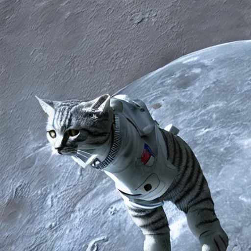 Image similar to a picture of a grey tabby cat wearing an astronaut suit, standing in the moon. Highly detailed . 4k