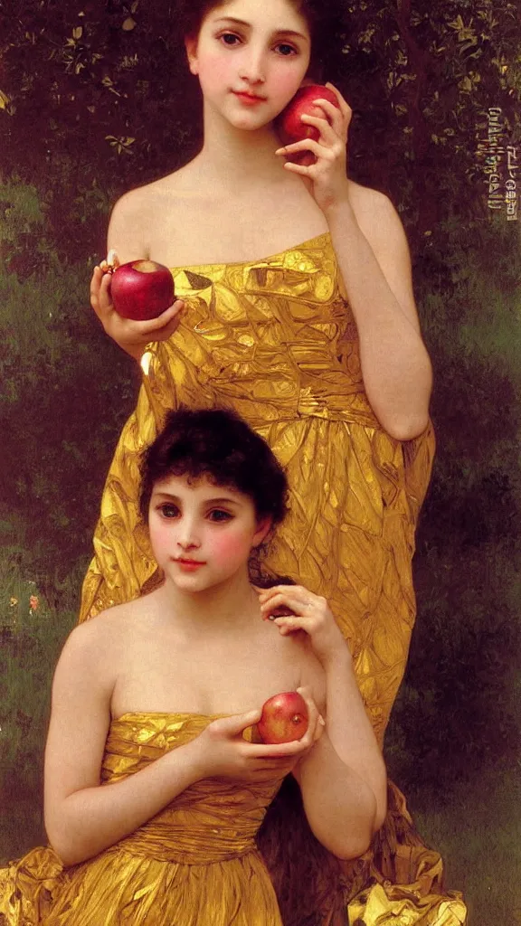 Image similar to painting portrait of a beautiful girl with an apple in her hand, intricate, elegant, digital painting, smooth, sharp focus, shiny gold, realistic gold, realistic metal, by William-Adolphe Bouguereau and Gustav Klimt,