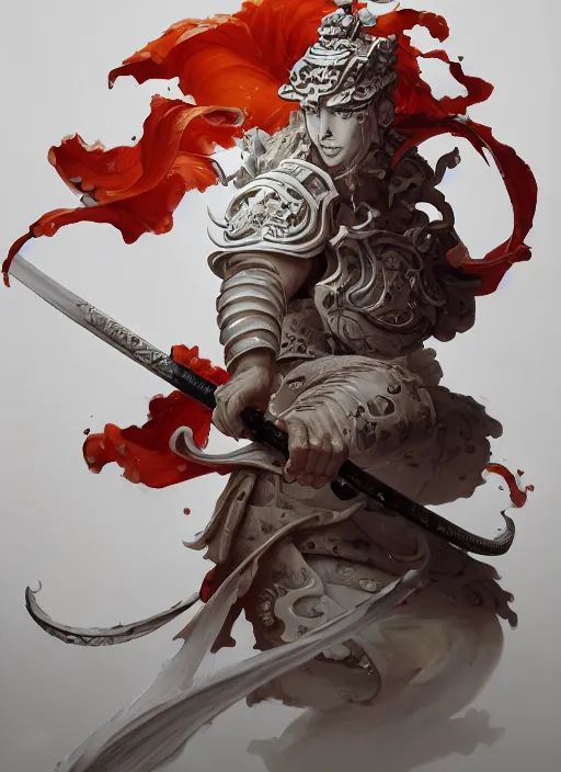 Image similar to subsurface scattering, white, koi, samurai deity with koi armor, floating ribbons, octane render, by jesper ejsing, james jean, justin gerard, tomasz alen kopera, cgsociety and fenghua zhong, highly detailed, rim light, cinematic lighting, art, very coherent, cinematic, hyper realism, high detail, 8 k