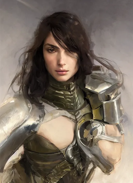 Image similar to a professional painting of a beautiful young female, clothed in military armor, olive skin, long dark hair, beautiful bone structure, symmetrical facial features, intricate, elegant, digital painting, concept art, smooth, sharp focus, illustration, from Metal Gear, by Ruan Jia and Mandy Jurgens and Artgerm and William-Adolphe Bouguerea