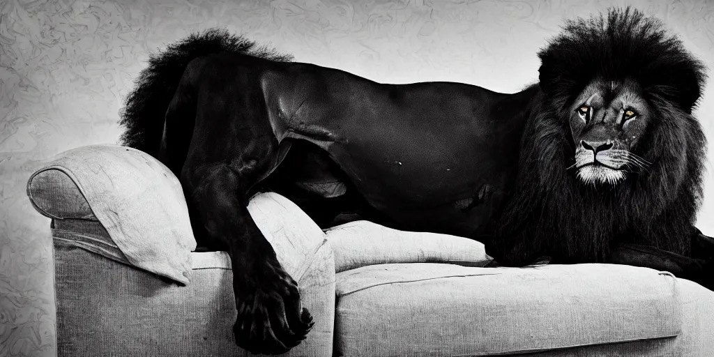 Prompt: the smooth black lion, made of smooth black goo, laying on the couch in the living room after bathing in the ferrofluid, viscous, sticky, full of tar, covered with black goo. photography, dslr, reflections, black goo