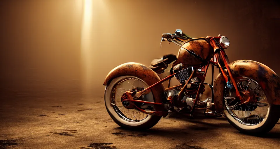 Prompt: a a Close up photograph of a rusty 1950's Harley Davidson chopper in a dusty repair shop, soft lighting, crepuscular rays, realistic octane render, 8k, ultra detailed, concept art