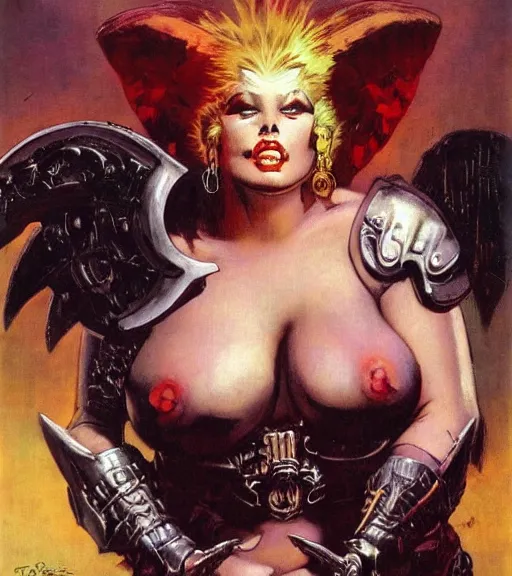 Image similar to portrait of plus size female chaos angel, beautiful! coherent! by frank frazetta, by brom, strong line, deep color, spiked metal armor, maximalist