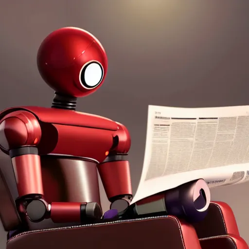 Image similar to futuristic studious matte brown and red and chrome full-body humanoid robot with two huge round expressive sad purple glowing LED eyes and open rectangular mouth sitting on a large comfortable cushioned 1950s vintage recliner reading a newspaper. open newspaper. full shot Cinematic Movie Photograph, Arri Alexa, Extremely Detailed, smooth, very very clean, 8K, octane render, maya render, unreal engine, trending on artstation, DSLR, excellent composition, center frame