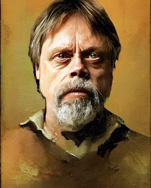 Prompt: painterly portrait, mark hamill, impasto, fantasy, chuck close:7, carl spitzweg:7, cinematic light, full face, symmetrical face