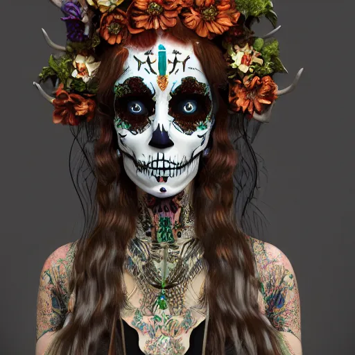 Image similar to changeling satyr lady, mid - waist self - portrait, perfect symmetry, intricate, dia de los muertos, skulls and flowers mask, aztec ultra detailed feathered dress 4 k resolution, octane rendering, ultra realistic, photo realism, beeple, 3 0 mm