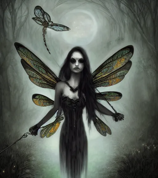 Image similar to gothic fairy with dragonfly wings, digital painting, liminal eerie midnight backlit, a picture taken by Michael Komarck