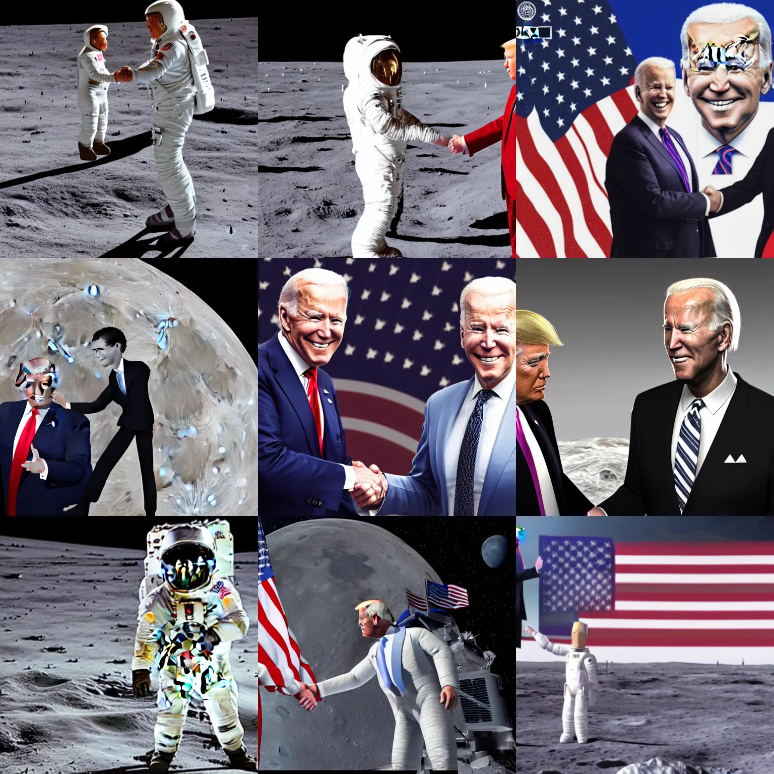 Prompt: portrait donald trump shaking hands with portrait joe biden on the moon, unreal engine 8 k