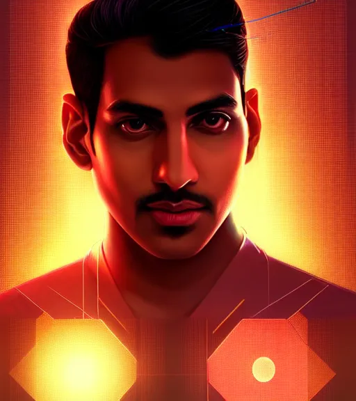 Image similar to symmetry!! indian prince of technology, solid cube of light, hard edges, product render retro - futuristic poster scifi, lasers and neon circuits, brown skin handsome indian prince, intricate, elegant, highly detailed, digital painting, artstation, concept art, smooth, sharp focus, illustration, dreamlike, art by artgerm