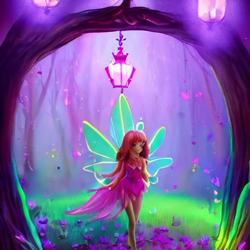 Image similar to fairy princess clothing store in a woodland grove, neon wings cute colorful pretty artistic girly 4 k artstation trending dramatic lighting