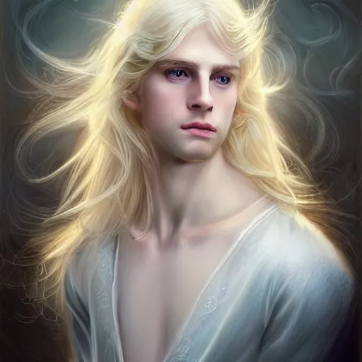 Prompt: Portrait of magical blond prince, very very very very pale white skin, long silky blond hair, dreamy and ethereal, pastel blue eyes, peaceful expression, ornate frilly regal shirt, fantasy, intricate, elegant, dynamic lighting, highly detailed, digital painting, artstation, concept art, smooth, sharp focus, illustration, art by artgerm and greg rutkowski and alphonse mucha