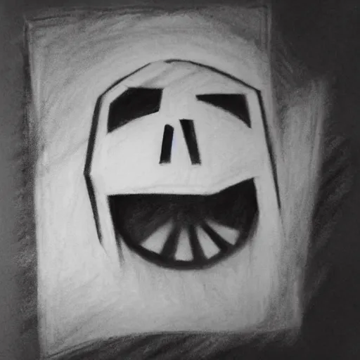 Image similar to minecraft horror evil, black and white charcoal sketch