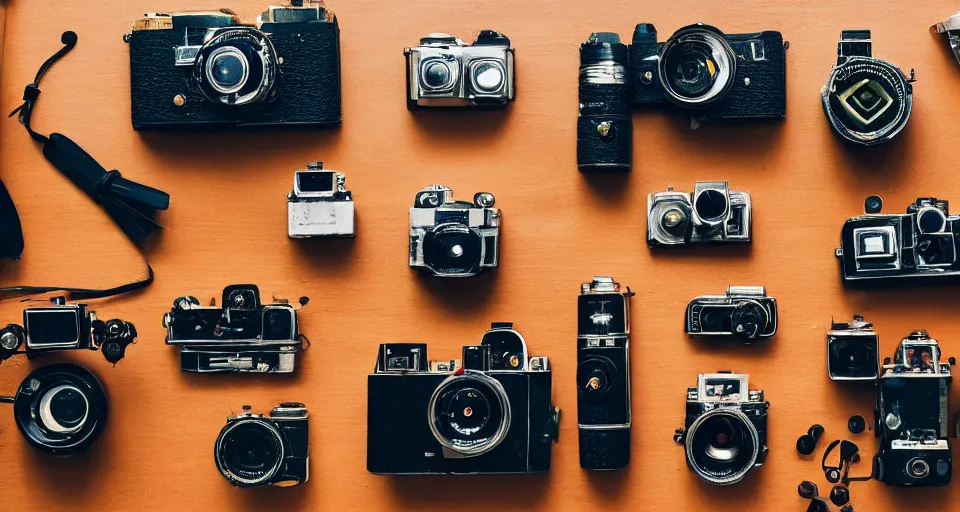 Prompt: a knolling of vintage cameras, overhead view, flatlay