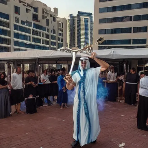 Prompt: a white walker playing a trombone in dubai