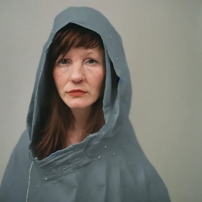 Prompt: a closeup portrait of a woman wearing a hood made of wire and plastic, in a laundry mat, color photograph, by vincent desiderio, canon eos c 3 0 0, ƒ 1. 8, 3 5 mm, 8 k, medium - format print