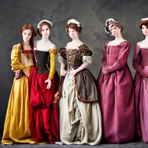 Image similar to group of Young ladies full length shot wearing renaissance dresses in the style of baroque manga realism 8K, background chaotic