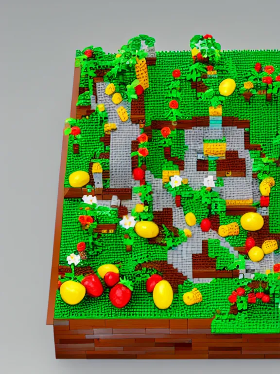 Image similar to miniature isometric pixel lego diorama of fruit forest