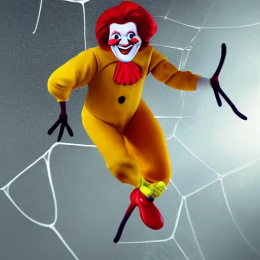 Image similar to ronald mcdonald trying to escape from spiders