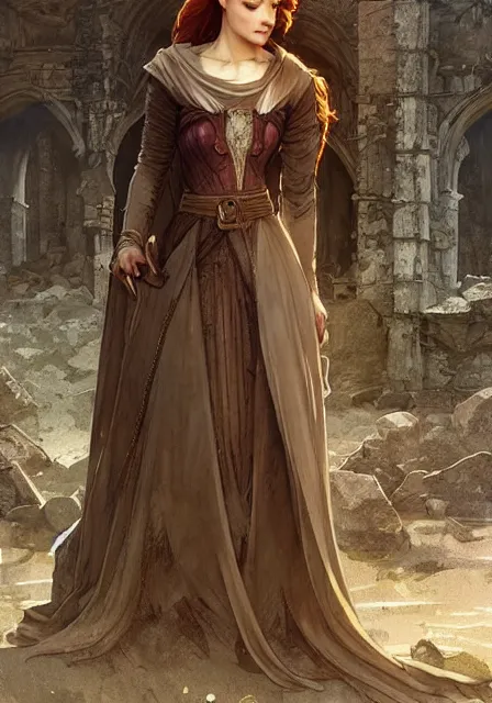 Image similar to sansa stark in ruins of castle, intricate, elegant, highly detailed, digital painting, artstation, concept art, smooth, sharp focus, illustration, art by artgerm and greg rutkowski and alphonse mucha and william - adolphe bouguereau