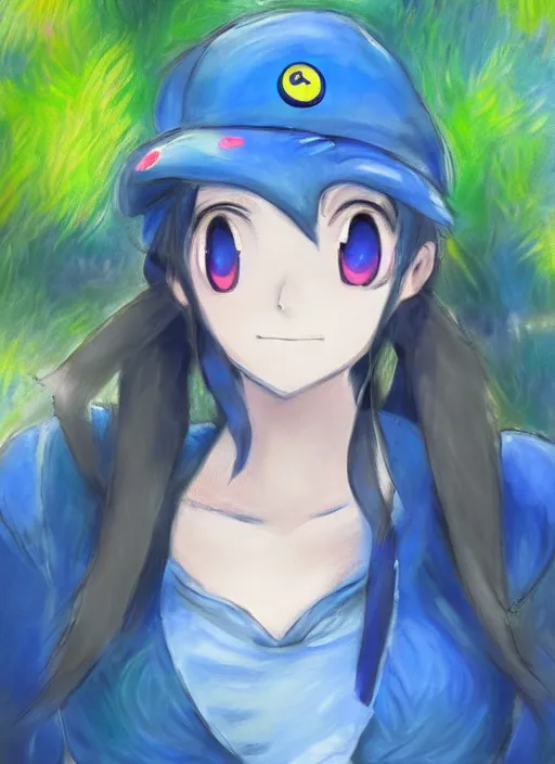 Prompt: a portrait of a female pokemon trainer, blue outfit, very anime in impressionist style, anime trending artwork, anime painter studio, by claude monet