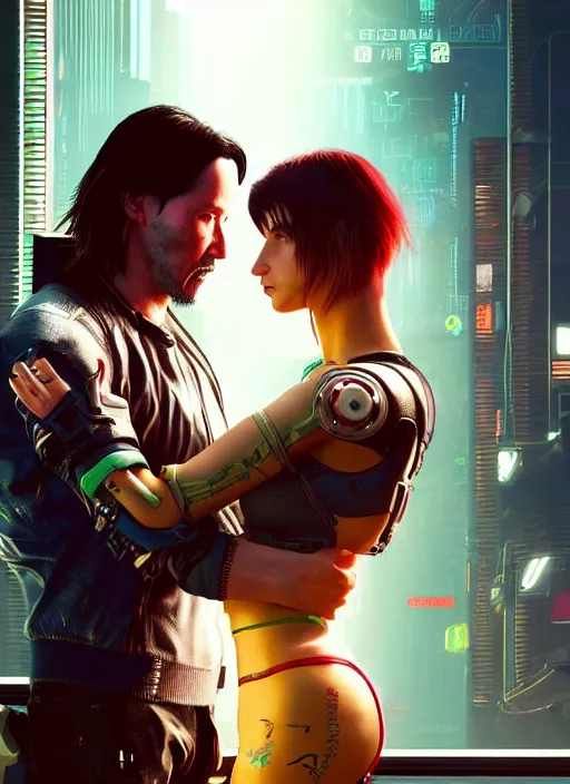 Image similar to a highly detailed photorealistic cyberpunk 2077 couple portrait of a Keanu Reeves as johnny silverhand and a female android in final kiss with lots of electric cable behind them connected to giant computer,couple pose,love,fantasy, intricate, elegant,by Alex Horley and Greg Rutkowski,artstation,deviantart,FAN ART,Unreal Engine,Digital painting,face enhance,8K,golden ratio,cinematic lighting