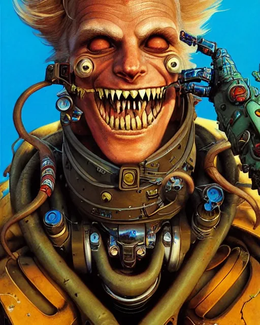 Image similar to junkrat from overwatch, character portrait, portrait, close up, concept art, intricate details, highly detailed, vintage sci - fi poster, in the style of chris foss, rodger dean, moebius, michael whelan, and gustave dore