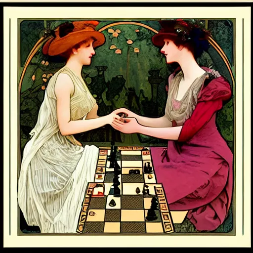 Prompt: two young edwardian women playing chess, in the style of mucha