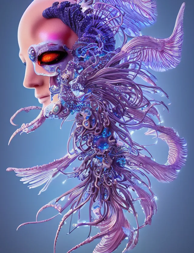 Image similar to 3 d goddess close - up profile portrait with ram skull. beautiful intricately detailed japanese crow jellyfish phoenix, bio luminescent, plasma kitsune mask and clasical japanese kimono. betta fish, jellyfish phoenix, bio luminescent, plasma, ice, water, wind, creature, artwork by tooth wu and wlop and beeple and greg rutkowski