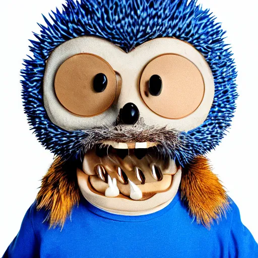 Prompt: anthropomorphic blue hedgehog with human teeth, studio portrait