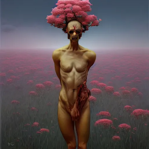 Image similar to a nature portrait of a p - zombie!!! natural lighting art dawn. highly detailed. colourful. moody. artstation, 4 k, by gerald brom zdzisław beksinski, and ansel adams and studio ghibli, horror, lots of sakura flowers, lovely