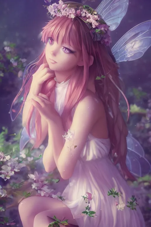 Image similar to a beautiful fairy girl sitting on a flower, character art portrait, anime key visual, official media, illustrated by wlop, extremely detailed, 8 k, trending on artstation, cinematic lighting, beautiful,