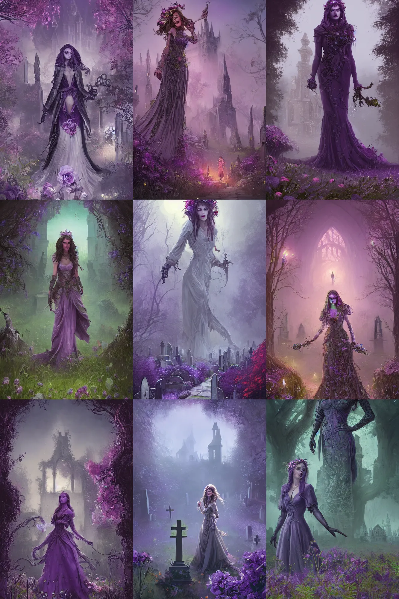Prompt: beautiful woman, Queen of the ghosts, old cemetery, castle in the background, trees, creepers, beautiful flowers, night, purple color, colorfully, full body shot, detailed illustration, digital art, overdetailed art, concept art, Greg Rutkowski, trending on artstation