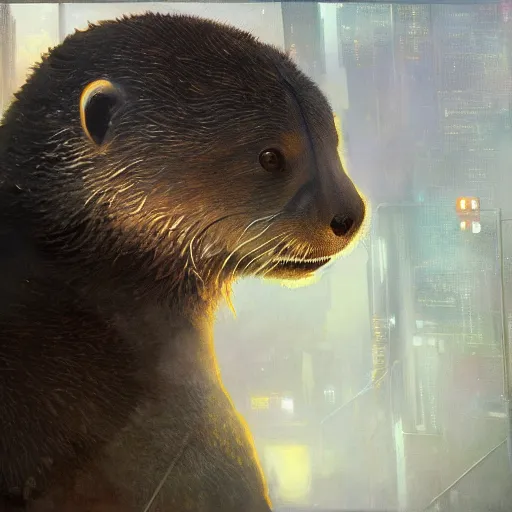 Image similar to hyperrealistic portrait of an athropomorphic otter wearing an astronaut outfit, bladerunner street, art of elysium by jeremy mann and alphonse mucha, fantasy art, photo realistic, dynamic lighting, artstation, poster, volumetric lighting, very detailed face, 4 k, award winning, cinematic lighting, deviantart, artstation, cg society