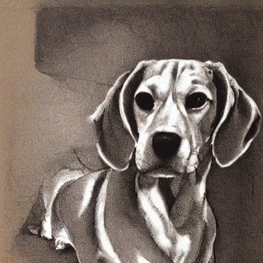 Image similar to sitting beagle, artist sketch, michelangelo, beautiful composition, masterpiece