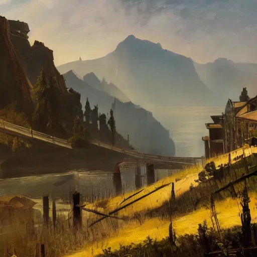 Image similar to world of dishonored, beautiful extremely detailed landscape oil on canvas in the style of 1 9 th century hudson river school of art