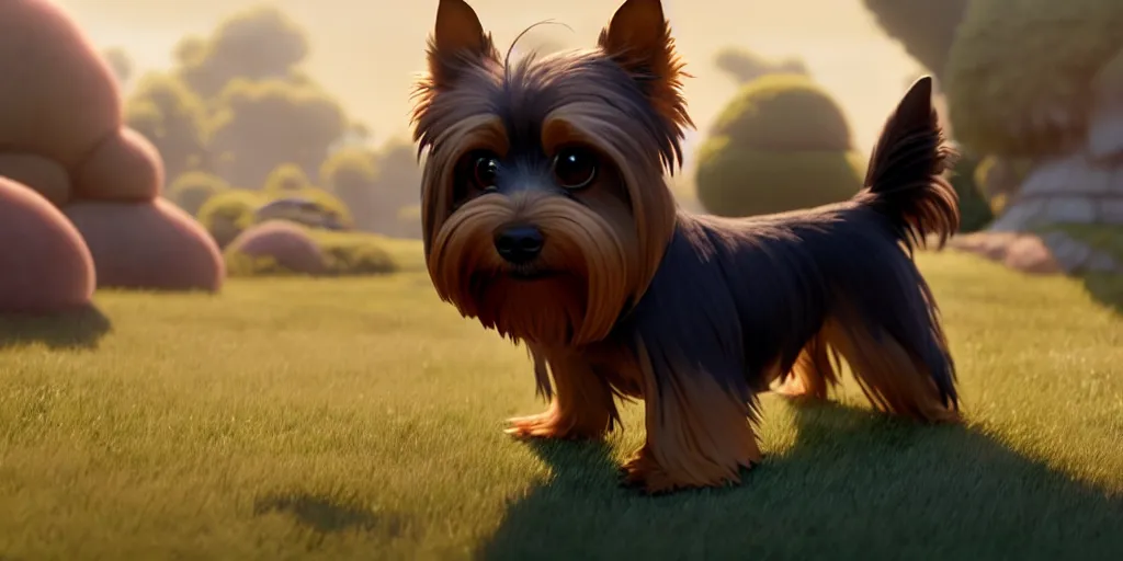 Image similar to a wholesome animation key shot of a brown and ashy 1 3 - year - old yorkshire terrier, studio ghibli, pixar and disney animation, sharp, rendered in unreal engine 5, anime key art by greg rutkowski, bloom, dramatic lighting