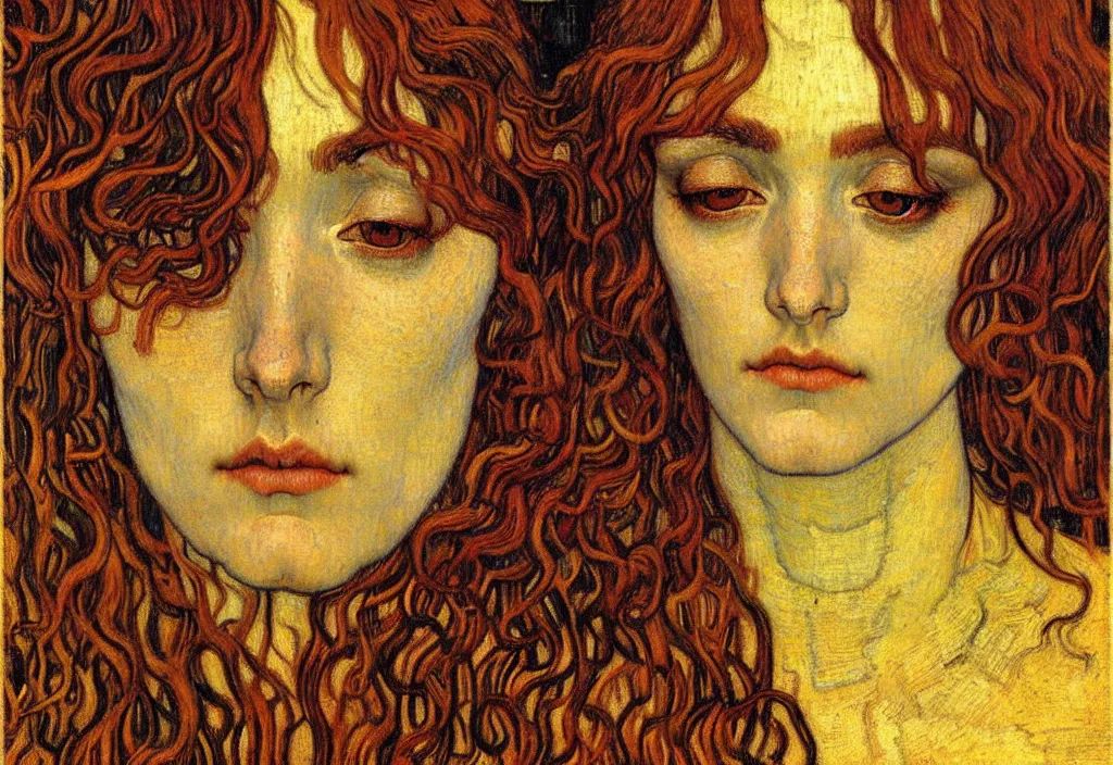 Image similar to detailed realistic beautiful young medieval queen face portrait by jean delville, gustav klimt and vincent van gogh, art nouveau, symbolist, visionary, gothic, pre - raphaelite, muted earthy colors, desaturated