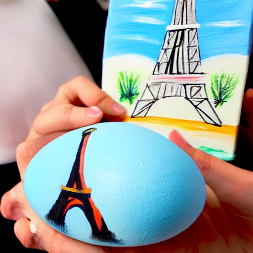 Image similar to A polar bear painting easter eggs in front of the Eiffel Tower