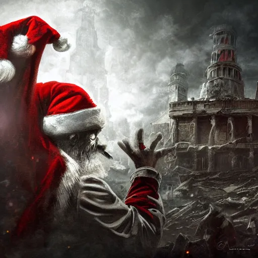 Prompt: Santa engages Armageddon mode, zombie, help, intricate detail, lovecraftian, intense, brutal, digital painting, fine stylization, UHD, 8K