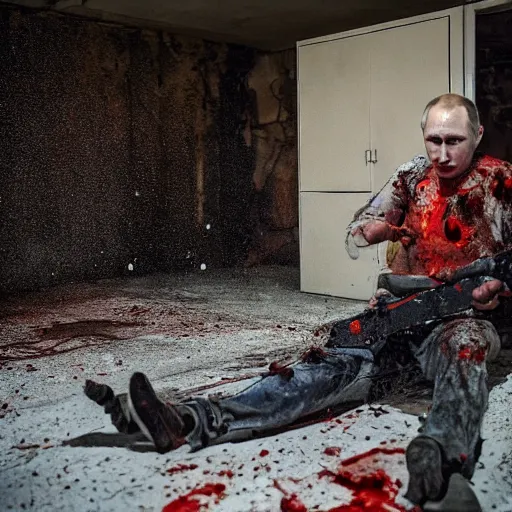 Image similar to putin with a chainsaw and a corpse. in a concrete bunker. focus on putins face with blood splatters. canon eos r 3, f / 1. 4, iso 1 6 0 0, 1 / 8 0 s, 8 k, raw, grainy