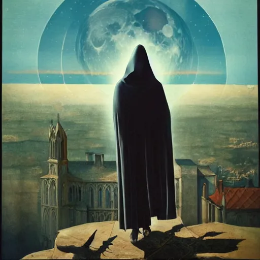Prompt: A lone hooded figure standing on top of a colossal gothic building. In the sky a full moon and raining blue comets; arstation, book cover