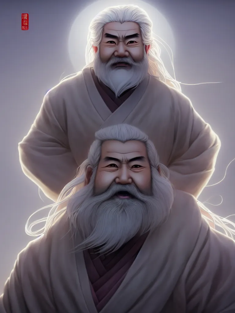 Prompt: the half body portrait of fuxi god in chinese mythology, long white hair, long white beard, atmospheric lighting, perfect shadow, portrait symmetry, wu geng period animation style, frontal lens, wearing a grey robe, in style of makoto shinkai, raphael lacoste, akihito tsukushi, peter mohrbacher, unreal engine, 4 k hd