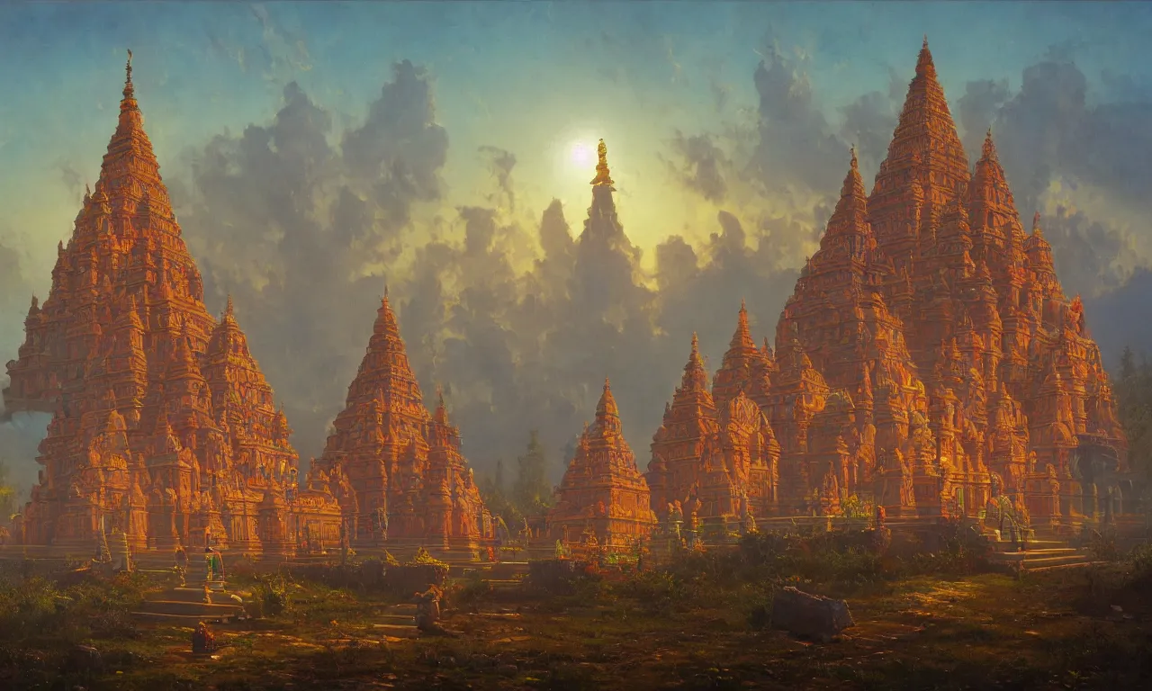 Image similar to A beautiful Hindu temple by Simon Stålenhag and Albert Bierstadt, oil on canvas